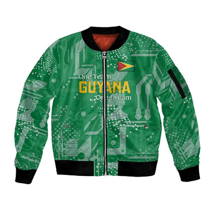One Team One Game Guyana Football Custom Sleeve Zip Bomber Jacket Pride Of Guyana Green Version - African Pride