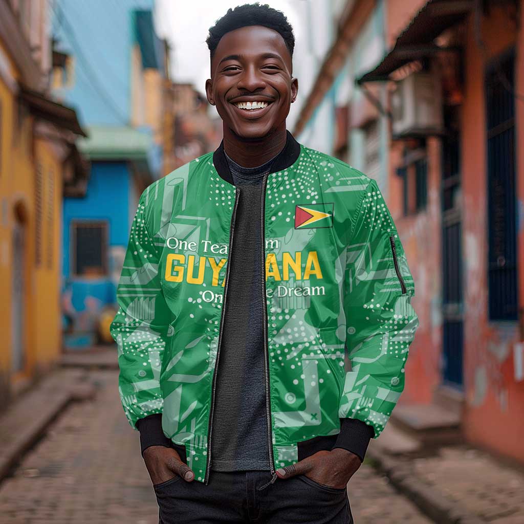 One Team One Game Guyana Football Custom Sleeve Zip Bomber Jacket Pride Of Guyana Green Version - African Pride