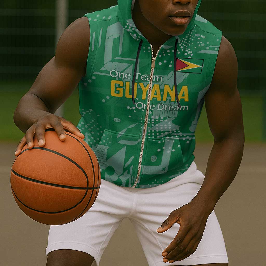 One Team One Game Guyana Football Custom Sleeveless Zip Hoodie Pride Of Guyana Green Version - African Pride
