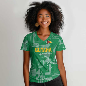 One Team One Game Guyana Football Custom Women V-Neck T-Shirt Pride Of Guyana Green Version - African Pride