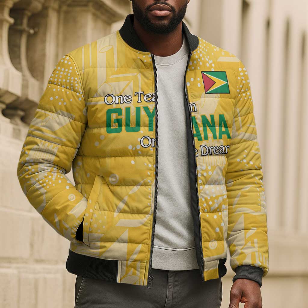 One Team One Game Guyana Football Custom Bomber Puffer Jacket Pride Of Guyana Yellow Version
