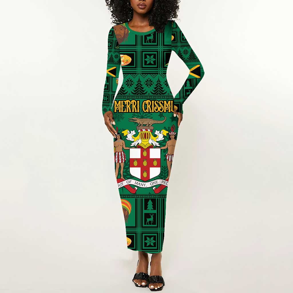 Personalized Afro-Jamaicans Merri Crissmuss Long Sleeve Bodycon Dress Coat Of Arms - Xmas LT18