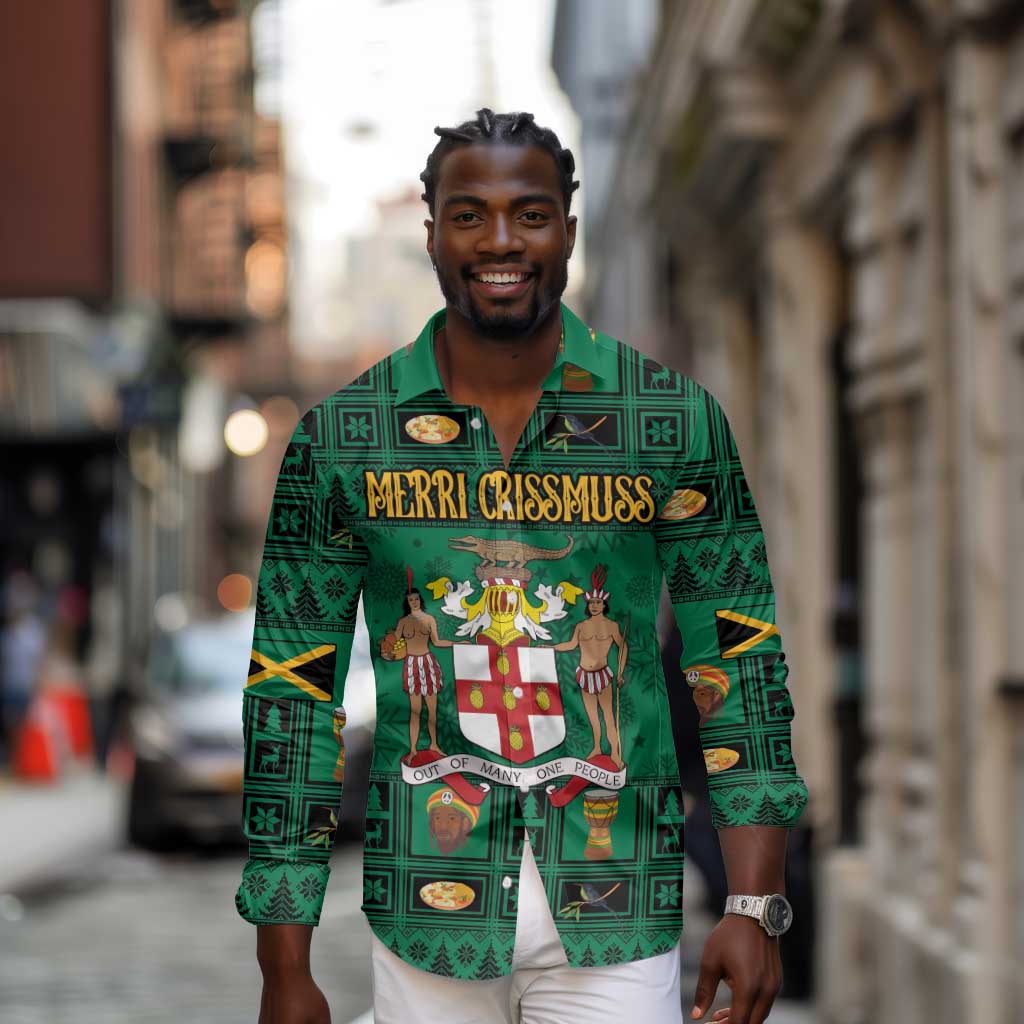 Personalized Afro-Jamaicans Merri Crissmuss Long Sleeve Button Shirt Coat Of Arms - Xmas