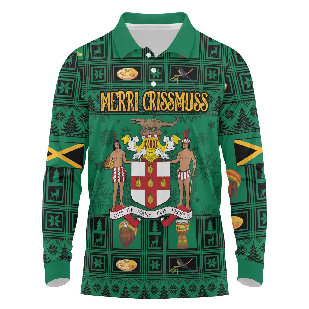 Personalized Afro-Jamaicans Merri Crissmuss Long Sleeve Polo Shirt Coat Of Arms - Xmas