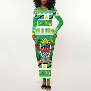 Personalized Afro Tanzania Christmas Long Sleeve Bodycon Dress Heri ya Krismasi With Coat Of Arms LT18