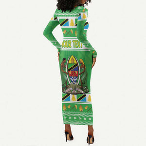 Personalized Afro Tanzania Christmas Long Sleeve Bodycon Dress Heri ya Krismasi With Coat Of Arms LT18