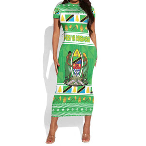 Personalized Afro Tanzania Christmas Short Sleeve Bodycon Dress Heri ya Krismasi With Coat Of Arms LT18