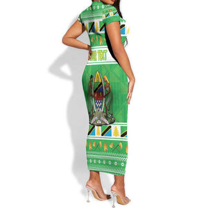 Personalized Afro Tanzania Christmas Short Sleeve Bodycon Dress Heri ya Krismasi With Coat Of Arms LT18