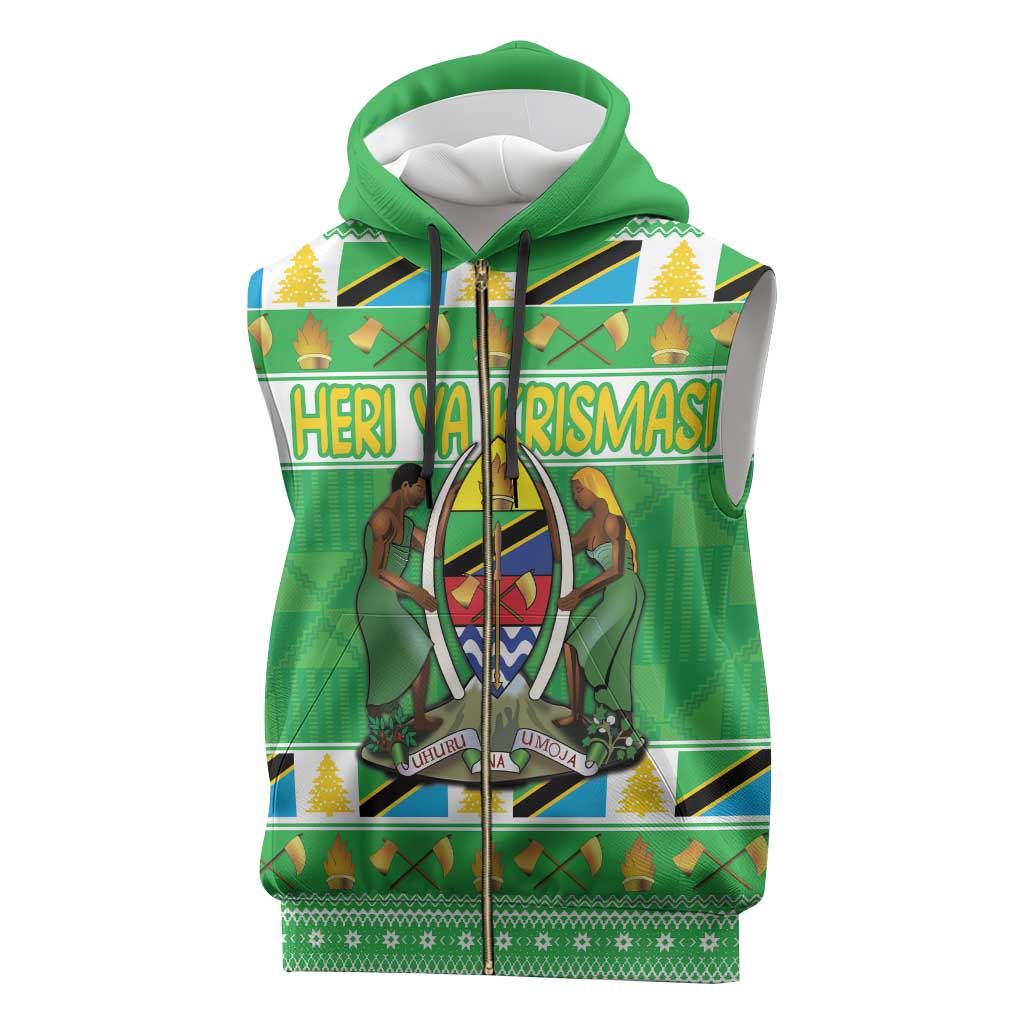 Personalized Afro Tanzania Christmas Sleeveless Zip Hoodie Heri ya Krismasi With Coat Of Arms - African Pride