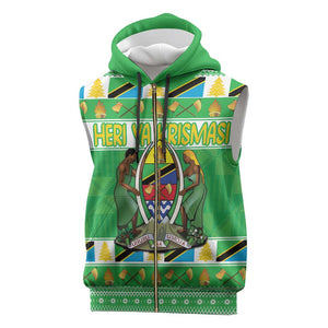 Personalized Afro Tanzania Christmas Sleeveless Zip Hoodie Heri ya Krismasi With Coat Of Arms - African Pride