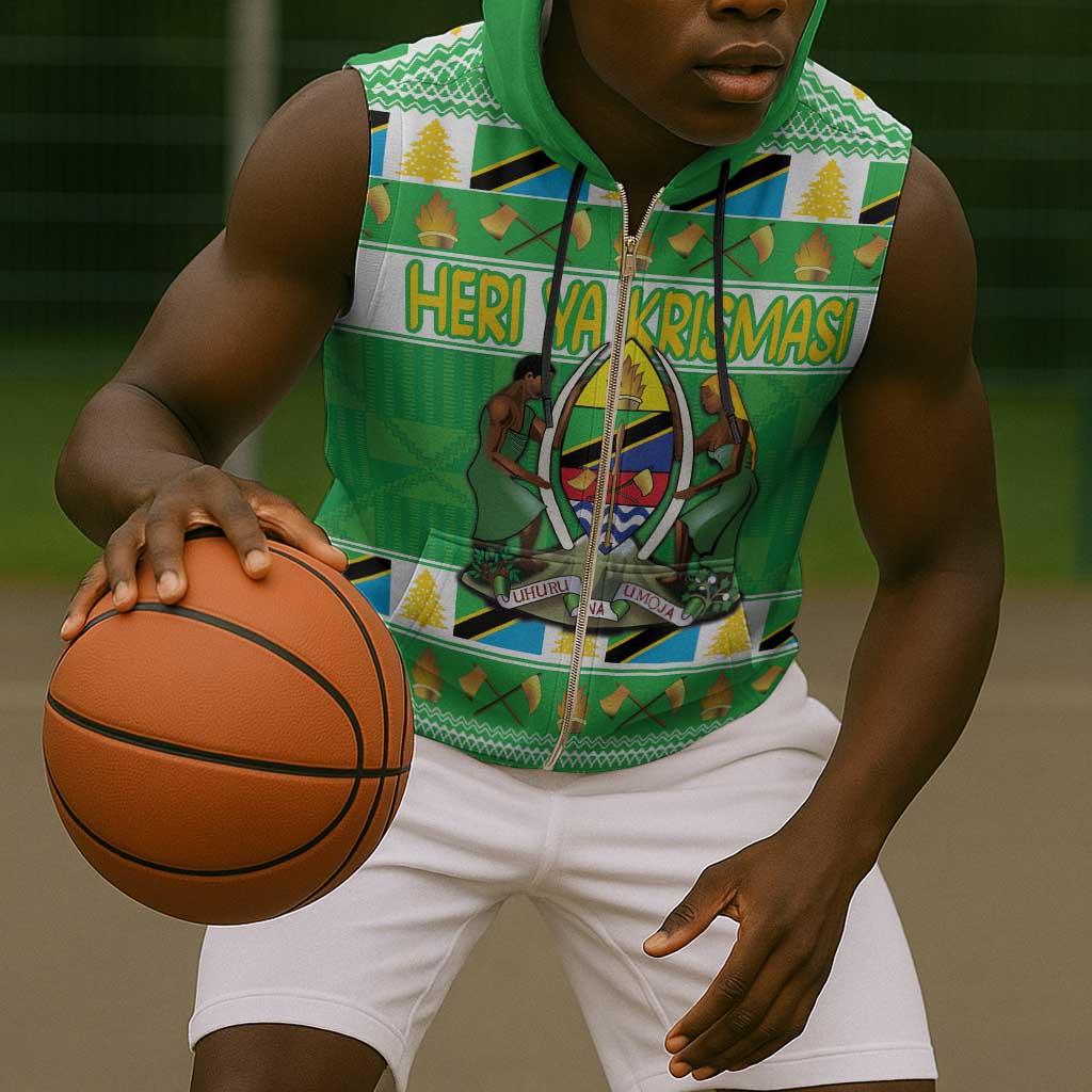 Personalized Afro Tanzania Christmas Sleeveless Zip Hoodie Heri ya Krismasi With Coat Of Arms - African Pride