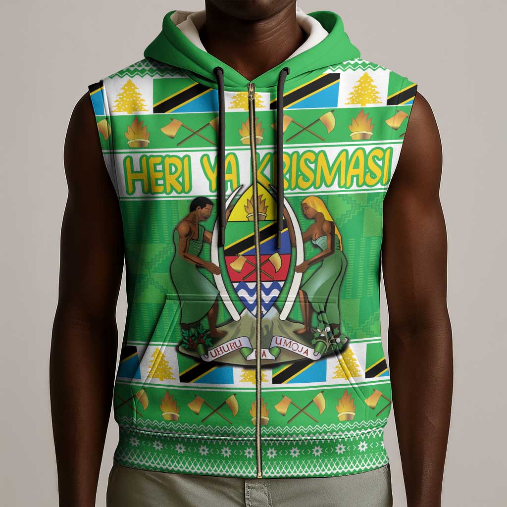 Personalized Afro Tanzania Christmas Sleeveless Zip Hoodie Heri ya Krismasi With Coat Of Arms - African Pride