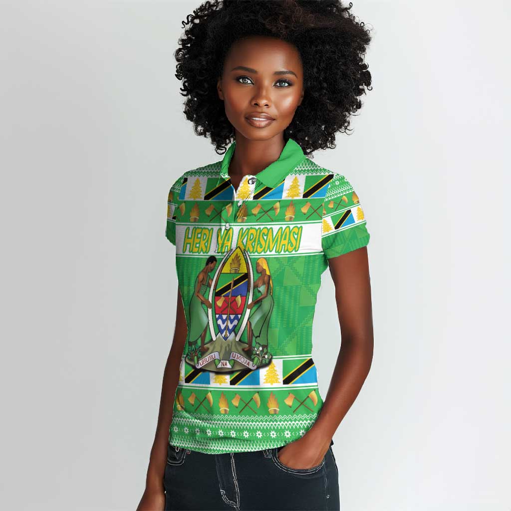 Personalized Afro Tanzania Christmas Women Polo Shirt Heri ya Krismasi With Coat Of Arms