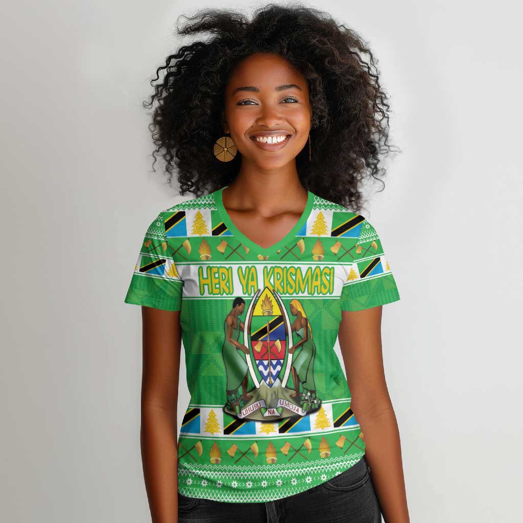 Personalized Afro Tanzania Christmas Women V-Neck T-Shirt Heri ya Krismasi With Coat Of Arms