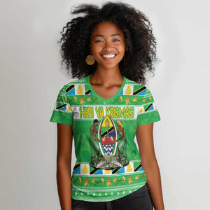 Personalized Afro Tanzania Christmas Women V-Neck T-Shirt Heri ya Krismasi With Coat Of Arms