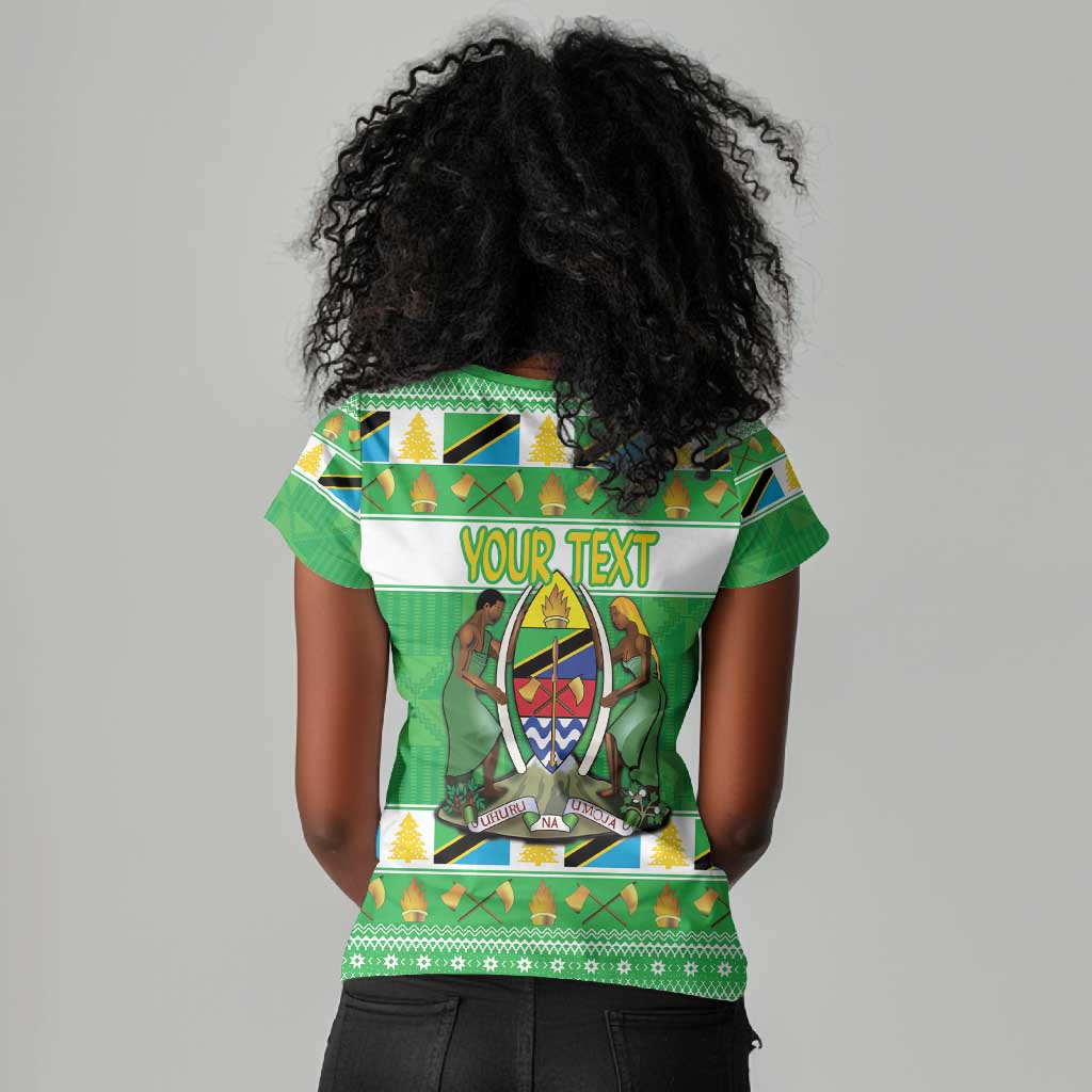 Personalized Afro Tanzania Christmas Women V-Neck T-Shirt Heri ya Krismasi With Coat Of Arms