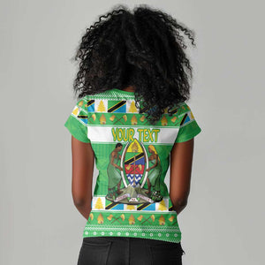 Personalized Afro Tanzania Christmas Women V-Neck T-Shirt Heri ya Krismasi With Coat Of Arms