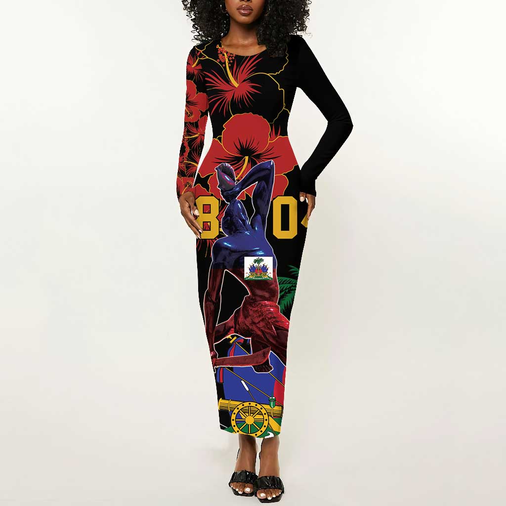 Afro-Haitians Negre Marron Long Sleeve Bodycon Dress Libete Egalite Fratenite - African Pride