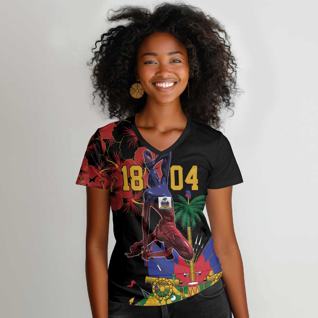 Afro-Haitians Negre Marron Women V-Neck T-Shirt Libete Egalite Fratenite - African Pride