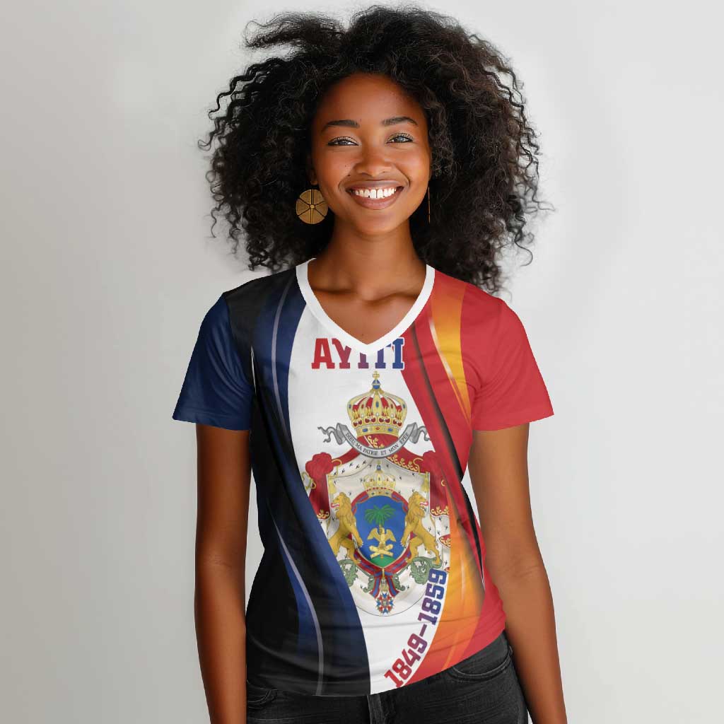 Personalized Second Empire Afro-Haitians 1849-1859 Women V-Neck T-Shirt Dieu Ma Patrie Et Mon Epee - African Pride
