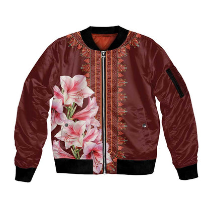 Africa Dashiki Sleeve Zip Bomber Jacket With Belladonna Lily