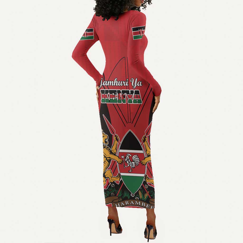 Kenya Long Sleeve Bodycon Dress Coat Of Arms With Kente Patterns LT18