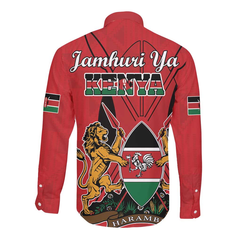 Kenya Long Sleeve Button Shirt Coat Of Arms With Kente Patterns