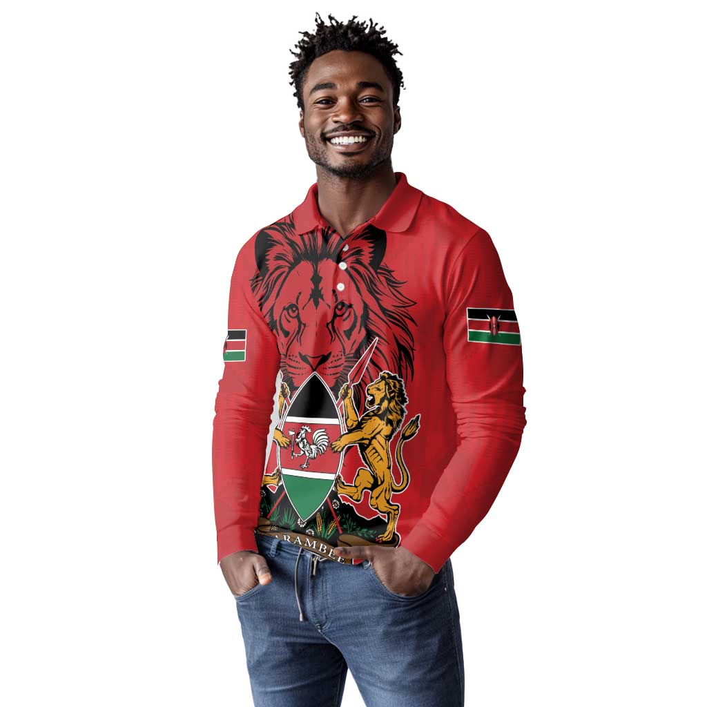 Kenya Long Sleeve Polo Shirt Coat Of Arms With Kente Patterns