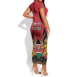Kenya Short Sleeve Bodycon Dress Coat Of Arms With Kente Patterns LT18
