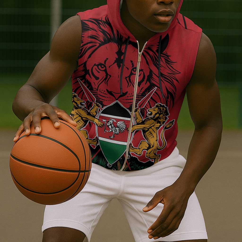 Kenya Sleeveless Zip Hoodie Coat Of Arms With Kente Patterns - African Pride