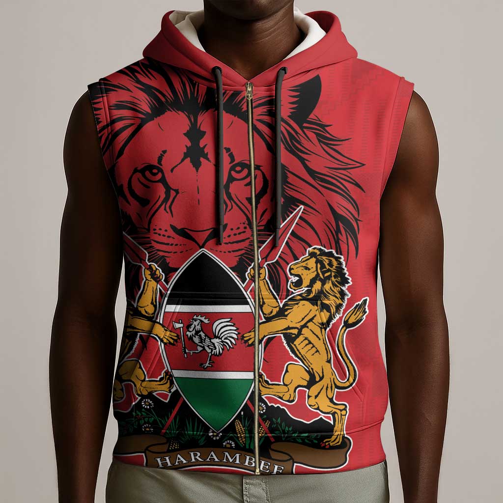 Kenya Sleeveless Zip Hoodie Coat Of Arms With Kente Patterns - African Pride