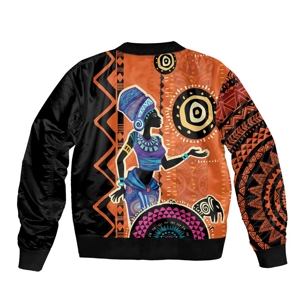 African Woman In Ethnic Dress Bomber Jacket Ethnic Geometric Patterns