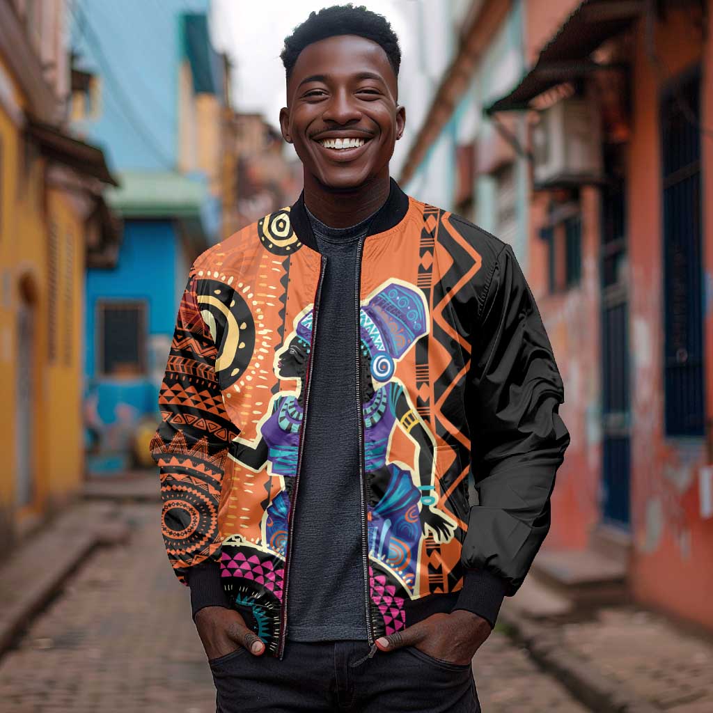 African Woman In Ethnic Dress Bomber Jacket Ethnic Geometric Patterns