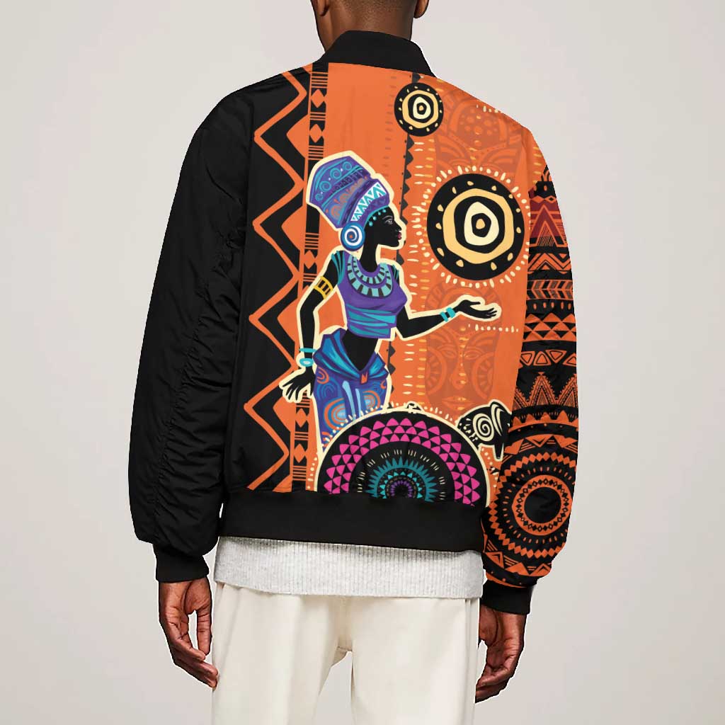 African Woman In Ethnic Dress Bomber Jacket Ethnic Geometric Patterns