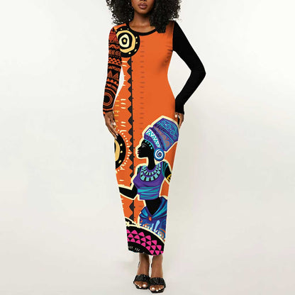 African Woman In Ethnic Dress Long Sleeve Bodycon Dress Ethnic Geometric Patterns LT18