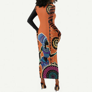 African Woman In Ethnic Dress Long Sleeve Bodycon Dress Ethnic Geometric Patterns LT18