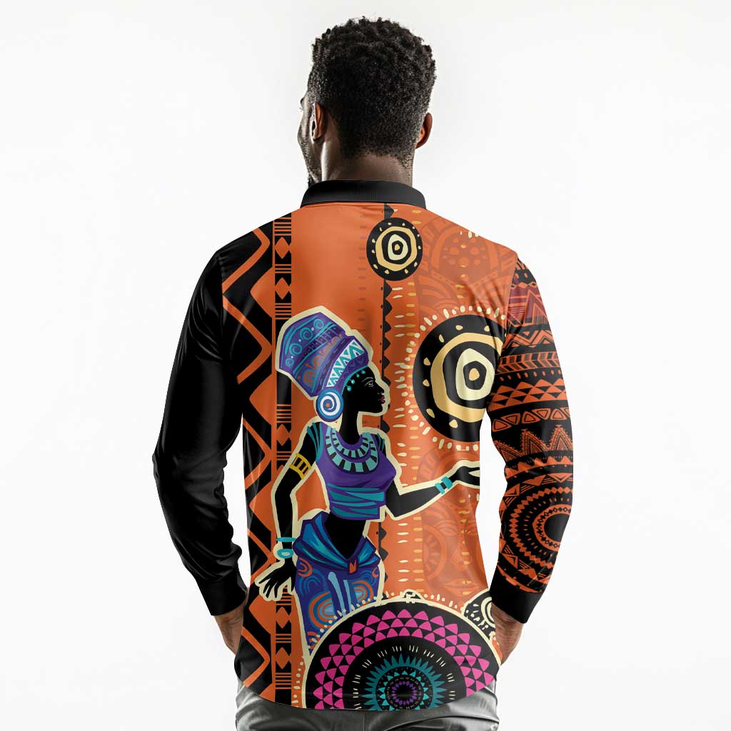 African Woman In Ethnic Dress Long Sleeve Polo Shirt Ethnic Geometric Patterns