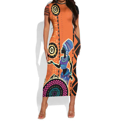 African Woman In Ethnic Dress Short Sleeve Bodycon Dress Ethnic Geometric Patterns LT18