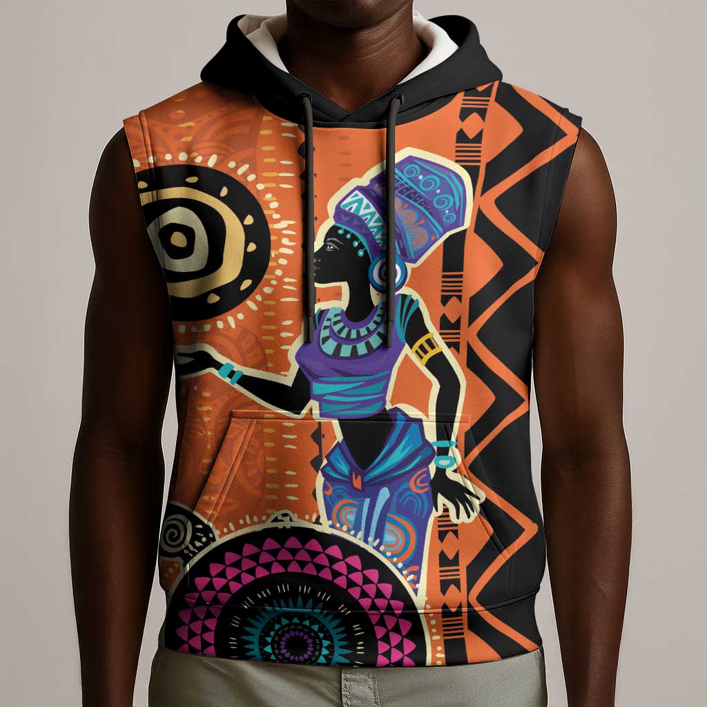 African Woman In Ethnic Dress Sleeveless Hoodie Ethnic Geometric Patterns - African Pride