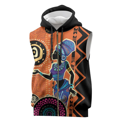 African Woman In Ethnic Dress Sleeveless Zip Hoodie Ethnic Geometric Patterns - African Pride