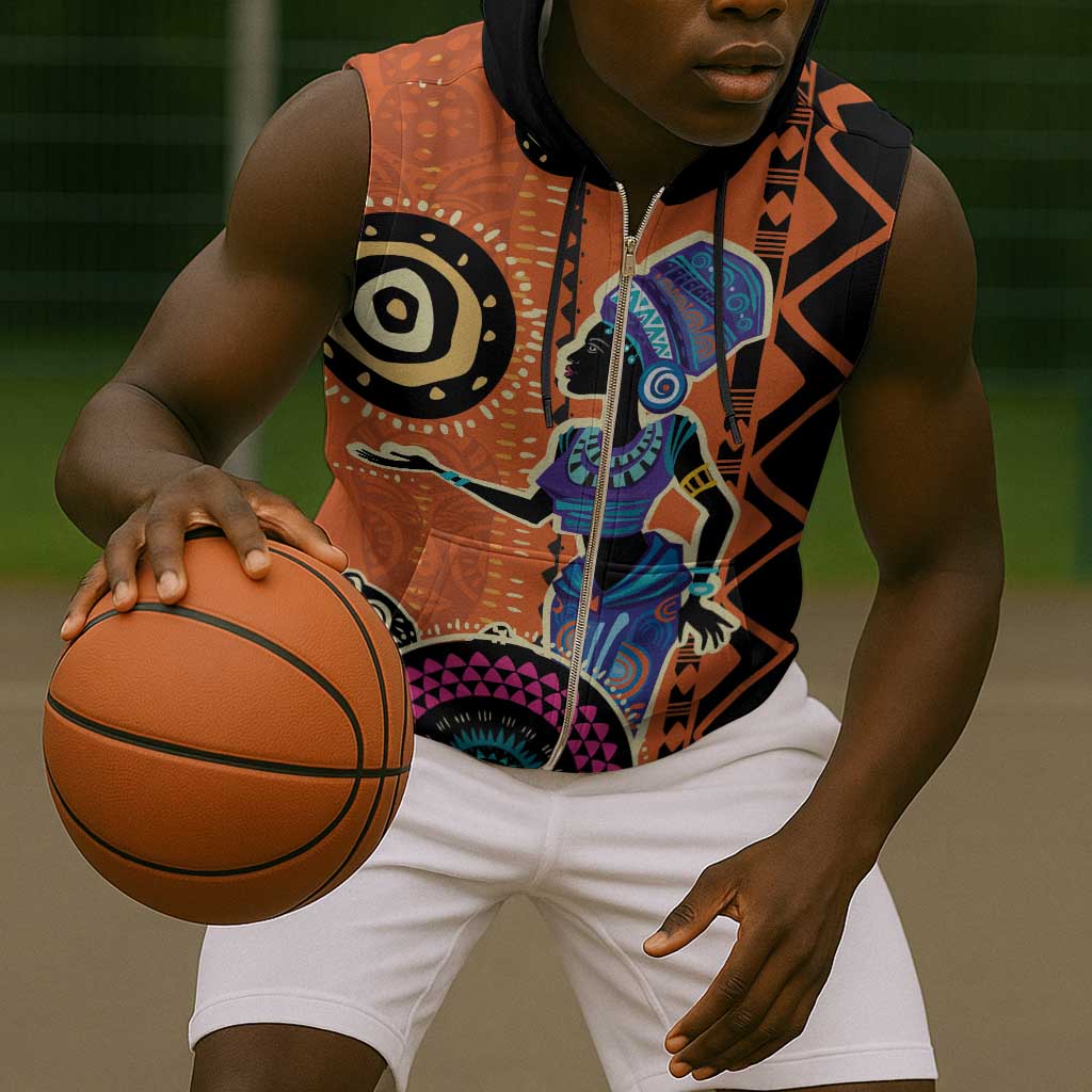 African Woman In Ethnic Dress Sleeveless Zip Hoodie Ethnic Geometric Patterns - African Pride
