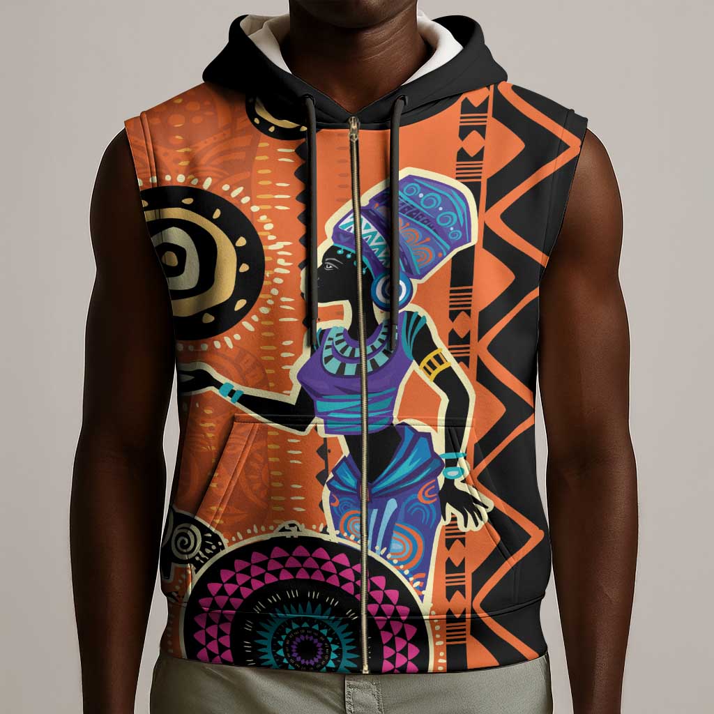 African Woman In Ethnic Dress Sleeveless Zip Hoodie Ethnic Geometric Patterns - African Pride