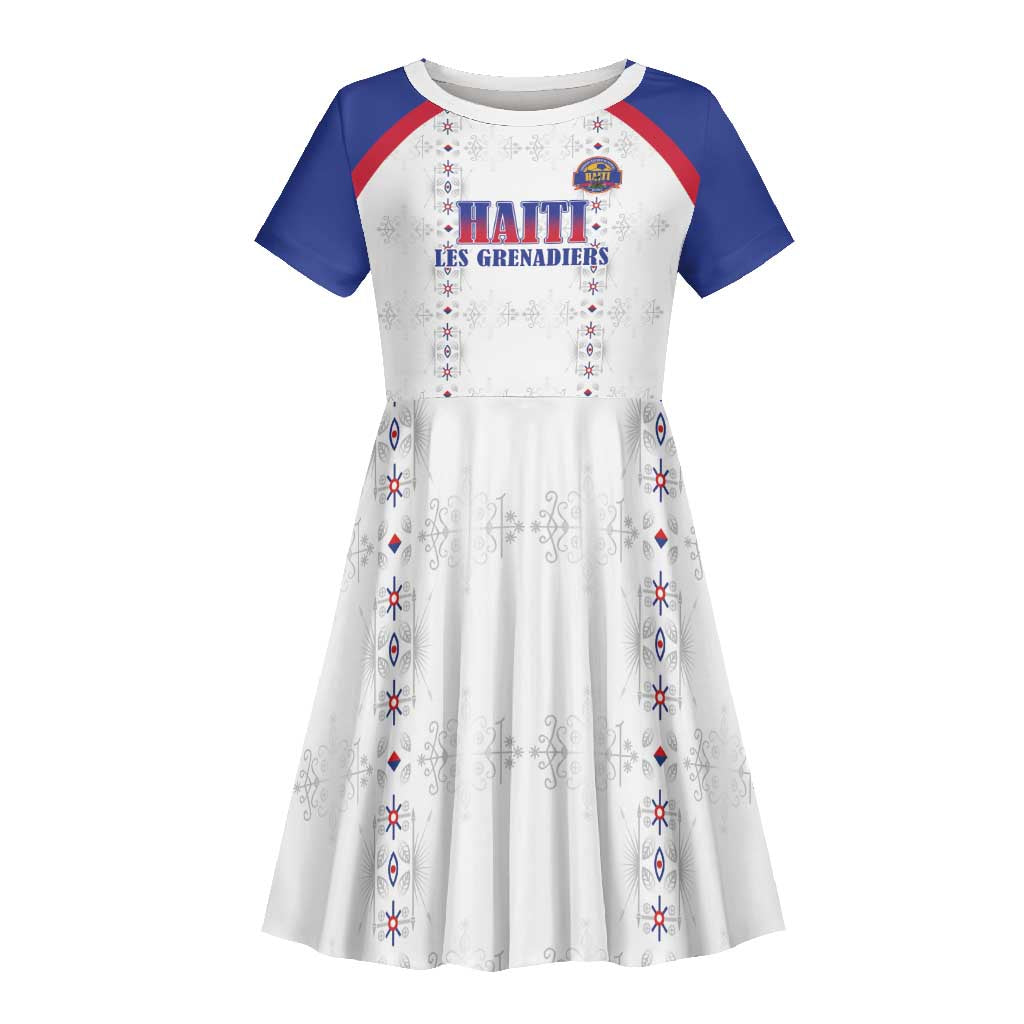 Custom Afro-Haitians Football Pride Kid Short Sleeve Dress Les Grenadiers Veve Vodou White Version - African Pride