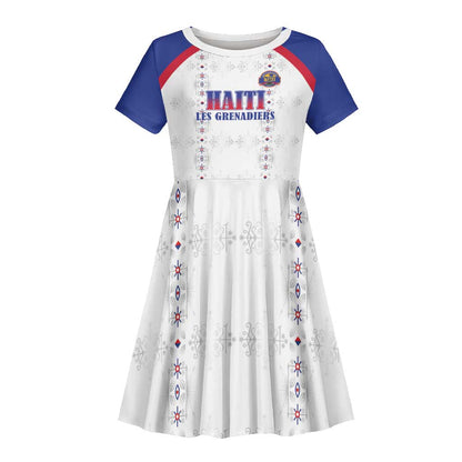 Custom Afro-Haitians Football Pride Kid Short Sleeve Dress Les Grenadiers Veve Vodou White Version - African Pride