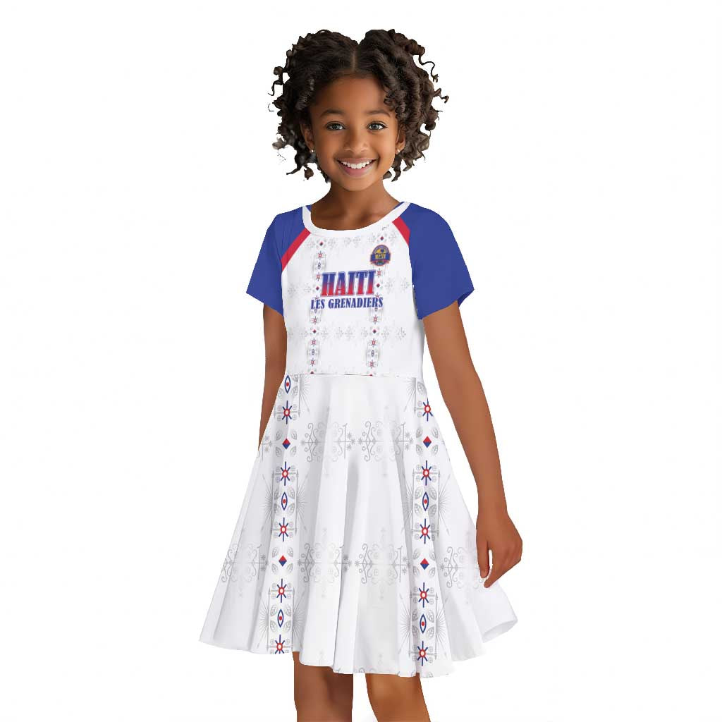 Custom Afro-Haitians Football Pride Kid Short Sleeve Dress Les Grenadiers Veve Vodou White Version - African Pride