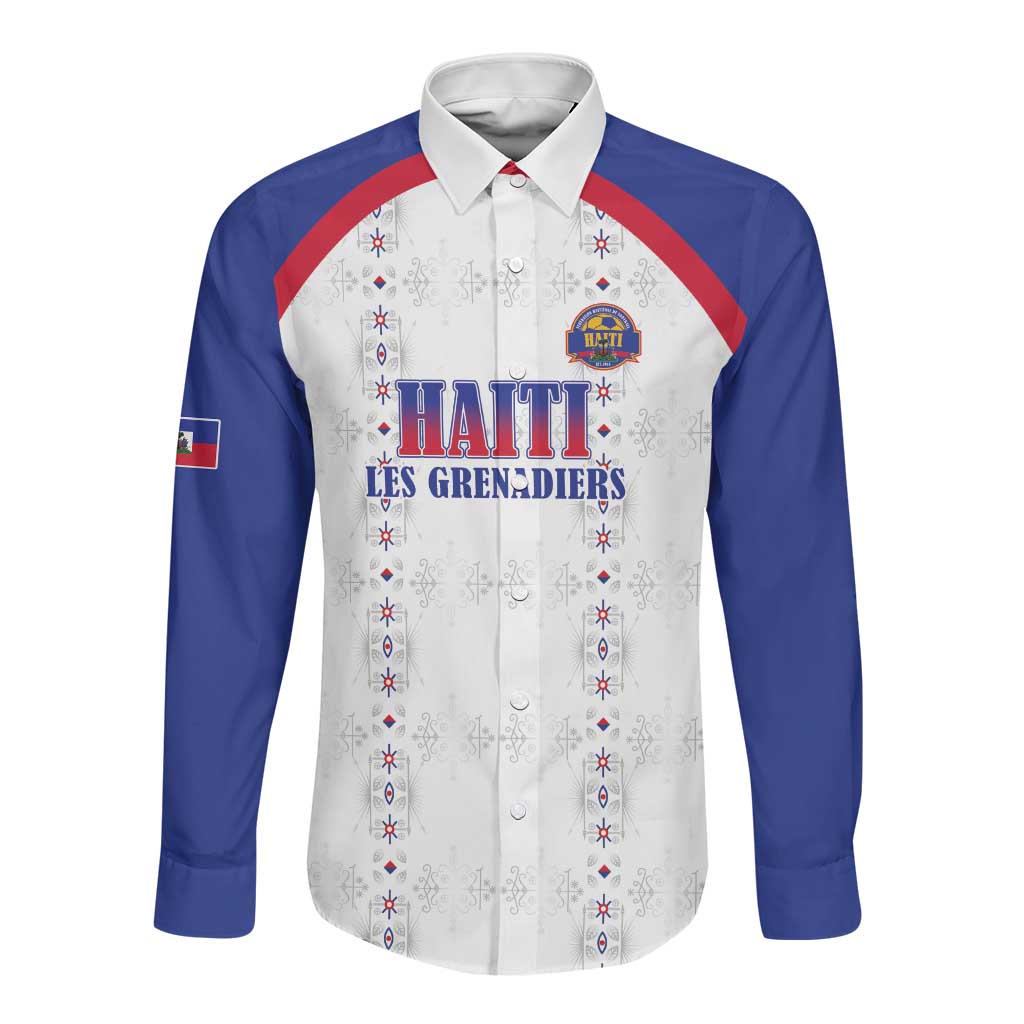 Custom Afro-Haitians Football Pride Long Sleeve Button Shirt Les Grenadiers Veve Vodou White Version - African Pride