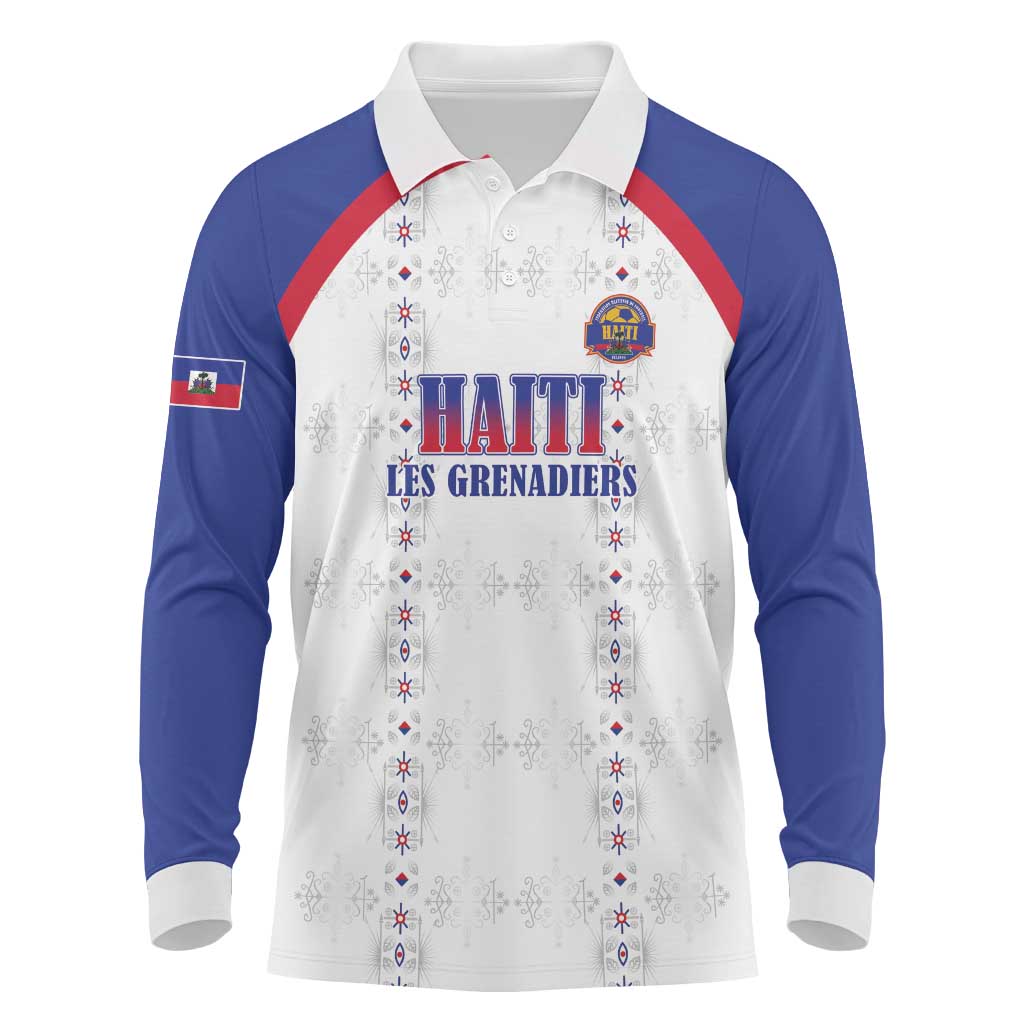 Custom Afro-Haitians Football Pride Long Sleeve Polo Shirt Les Grenadiers Veve Vodou White Version - African Pride