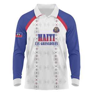 Custom Afro-Haitians Football Pride Long Sleeve Polo Shirt Les Grenadiers Veve Vodou White Version - African Pride