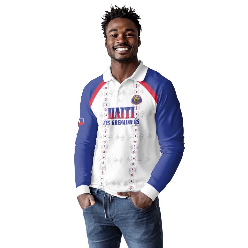 Custom Afro-Haitians Football Pride Long Sleeve Polo Shirt Les Grenadiers Veve Vodou White Version - African Pride