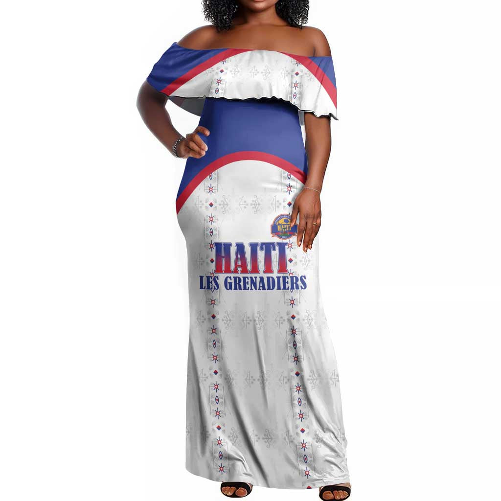 Custom Afro-Haitians Football Pride Off Shoulder Maxi Dress Les Grenadiers Veve Vodou White Version - African Pride